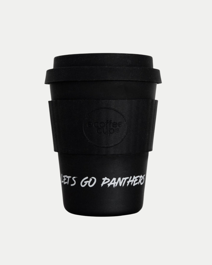 The Panthers Reusable Cup by Nottingham Panthers is a black bamboo fibre coffee cup with a black lid and grip, ecoffee cup embossed, and LETS GO PANTHERS in white—ideal for any Nottingham Panthers fan.