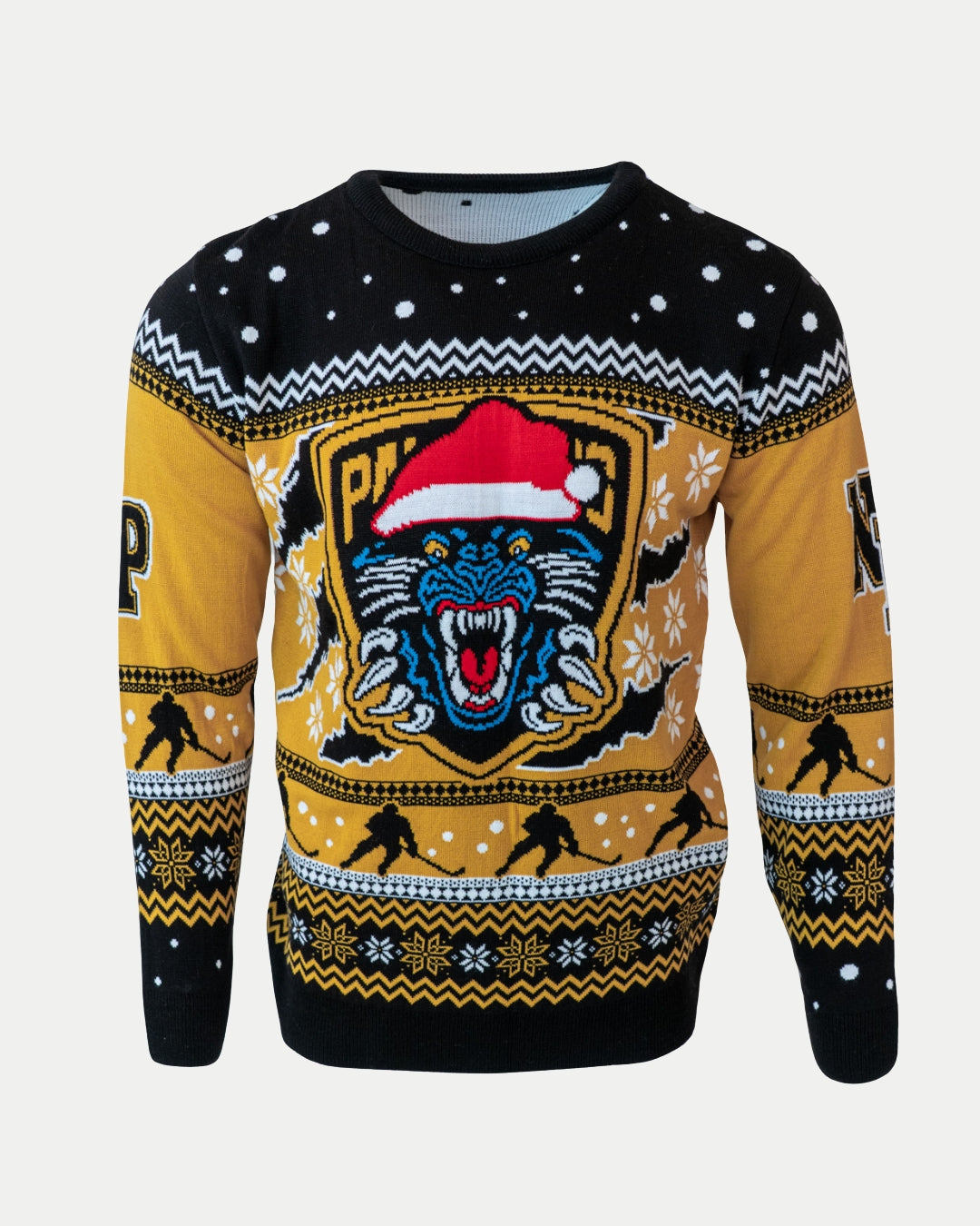 Celebrate the season in the Panthersland "Panthers Christmas Jumper 2025 Have An Ice Christmas," featuring black, yellow, and white patterns, a roaring panther in a Santa hat, snowflakes, and rearing horses.
