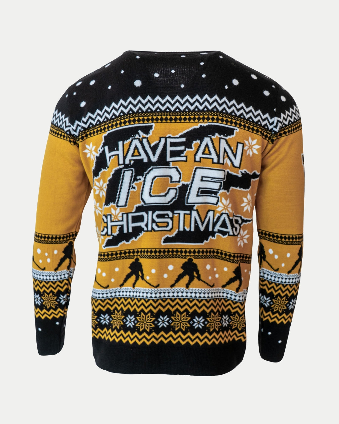 The Panthersland Panthers Christmas Jumper 2025 features black, gold, and white snowflakes with hockey player motifs and "HAVE AN ICE CHRISTMAS" boldly printed on the back—perfect for fans getting festive.