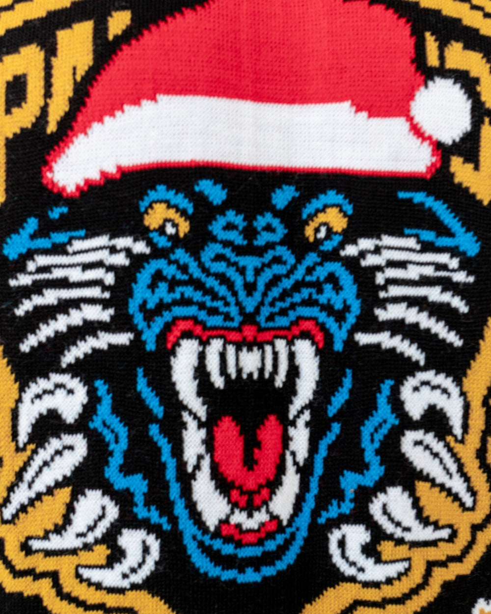 The Panthersland "Panthers Christmas Jumper 2025 Have An Ice Christmas" features a vibrant embroidered tiger face in a Santa hat—perfect for Nottingham Panthers fans—set on a patterned background.