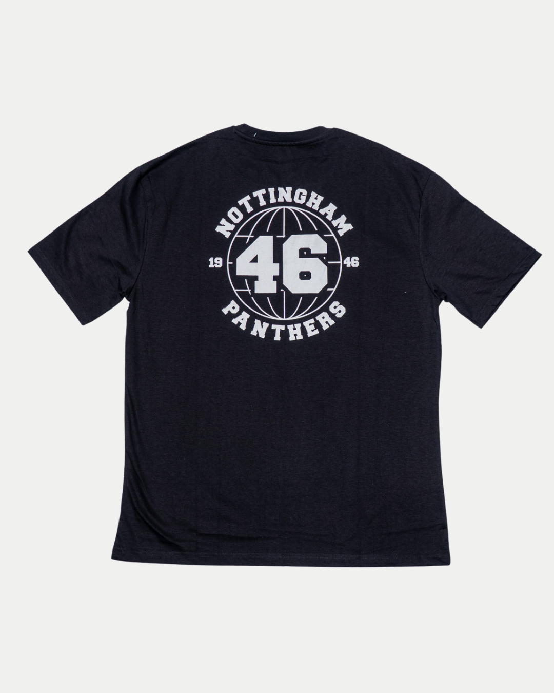 The Panthersland Nottingham Panthers 25-26 1946 Circle Logo T-Shirt is a black tee featuring a white sports-style graphic on the back with "NOTTINGHAM PANTHERS," the number 46, and "1946" split around a circle.