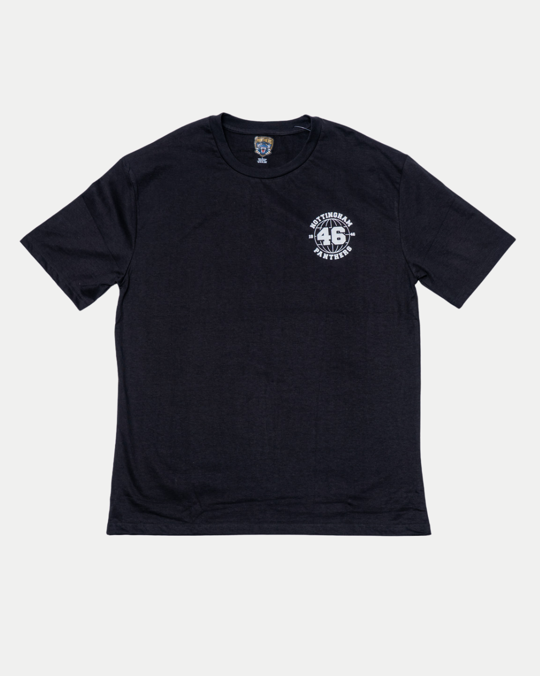 The Panthersland Nottingham Panthers 25-26 1946 Circle Logo T-Shirt is a plain black short-sleeve tee with a small white circular "1946" logo and "46% Sustainability Matters" on the left chest.