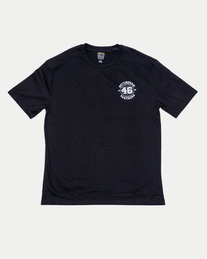 The Panthersland Nottingham Panthers 25-26 1946 Circle Logo T-Shirt is a plain black short-sleeve tee with a small white circular "1946" logo and "46% Sustainability Matters" on the left chest.