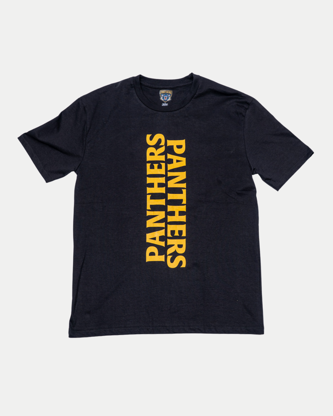The Panthersland Nottingham Panthers 25-26 Double Wordmark T-Shirt is a black tee featuring "PANTHERS" printed three times vertically in bold yellow down the center.