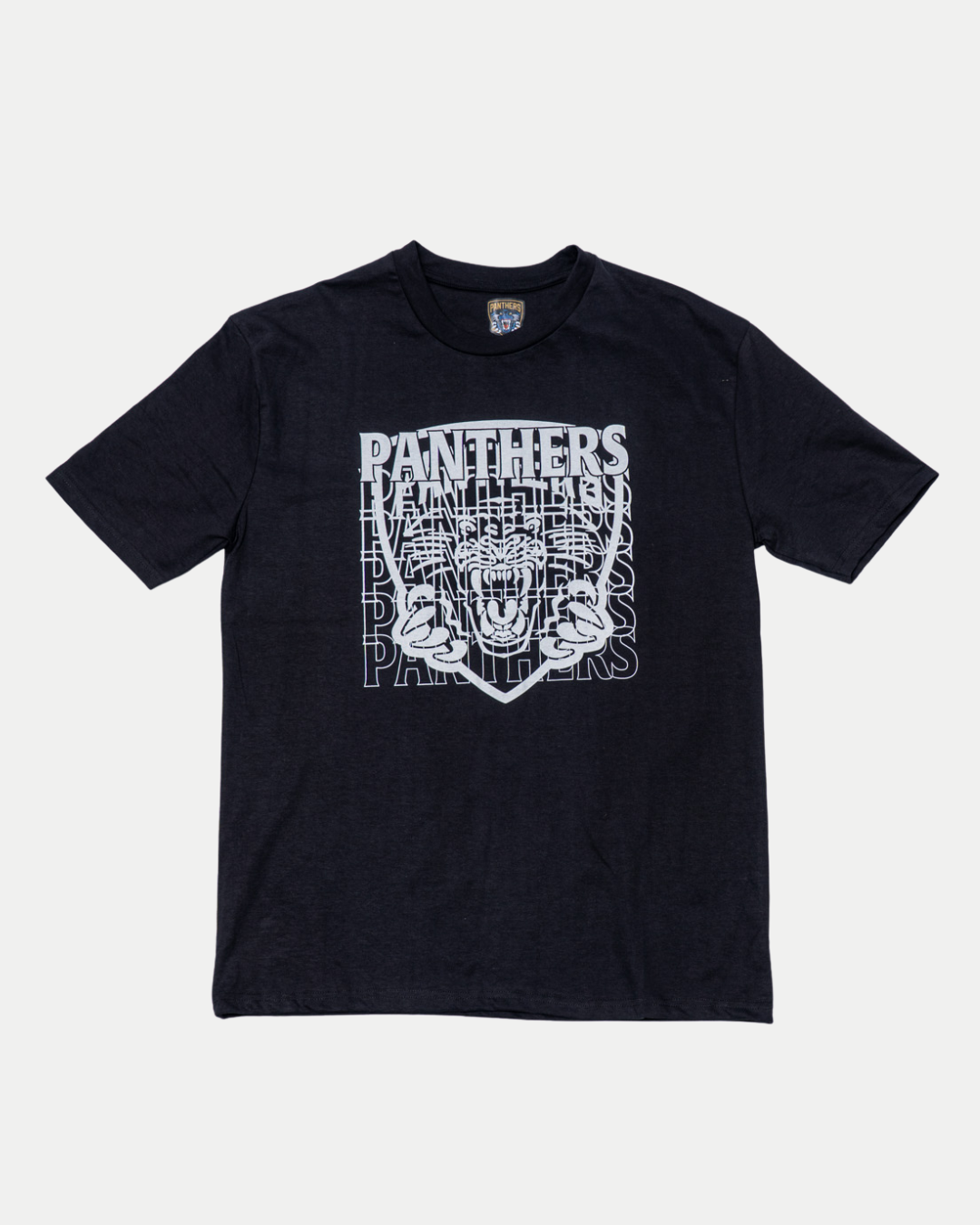 The Panthersland Nottingham Panthers 25-26 White Crest T-Shirt is a black tee with a bold white panther head graphic and "PANTHERS" repeated in outlined block letters.