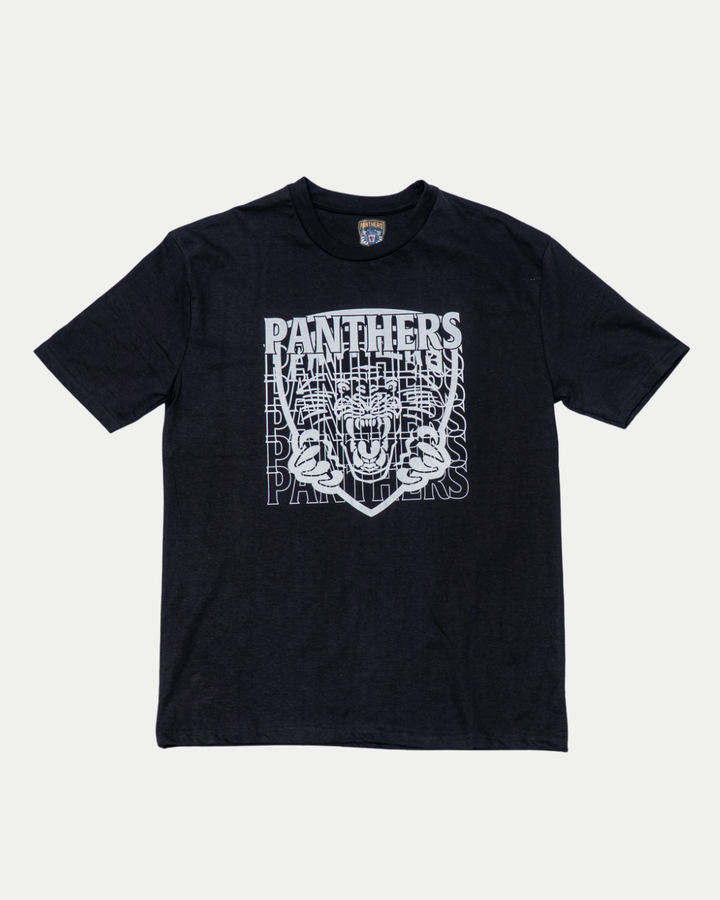 The Panthersland Nottingham Panthers 25-26 White Crest T-Shirt is a black tee with a bold white panther head graphic and "PANTHERS" repeated in outlined block letters.