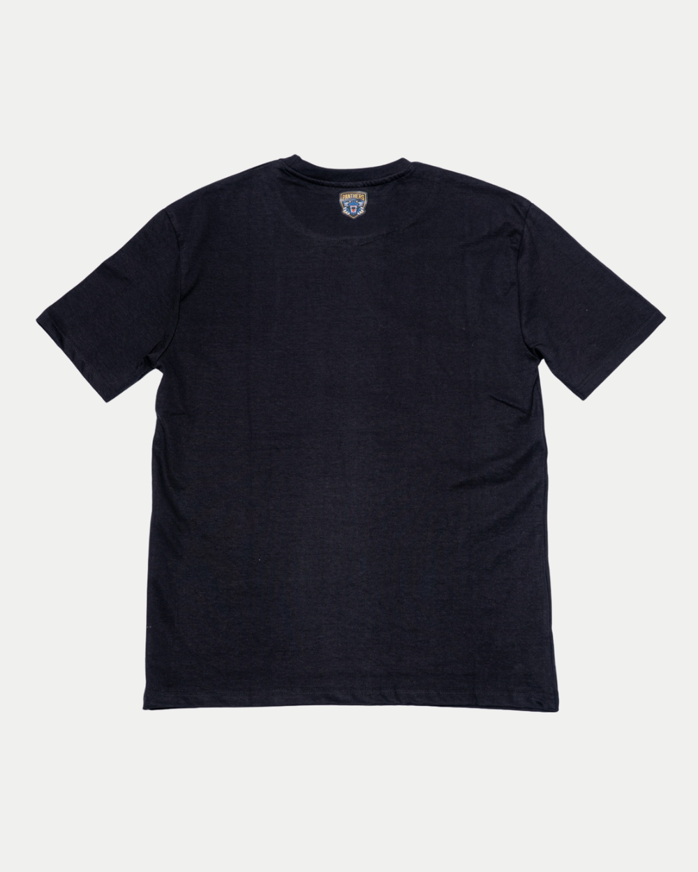 A Nottingham Panthers 25-26 White Crest T-Shirt by Panthersland is laid flat on a white background, showing the back and the neck tag.