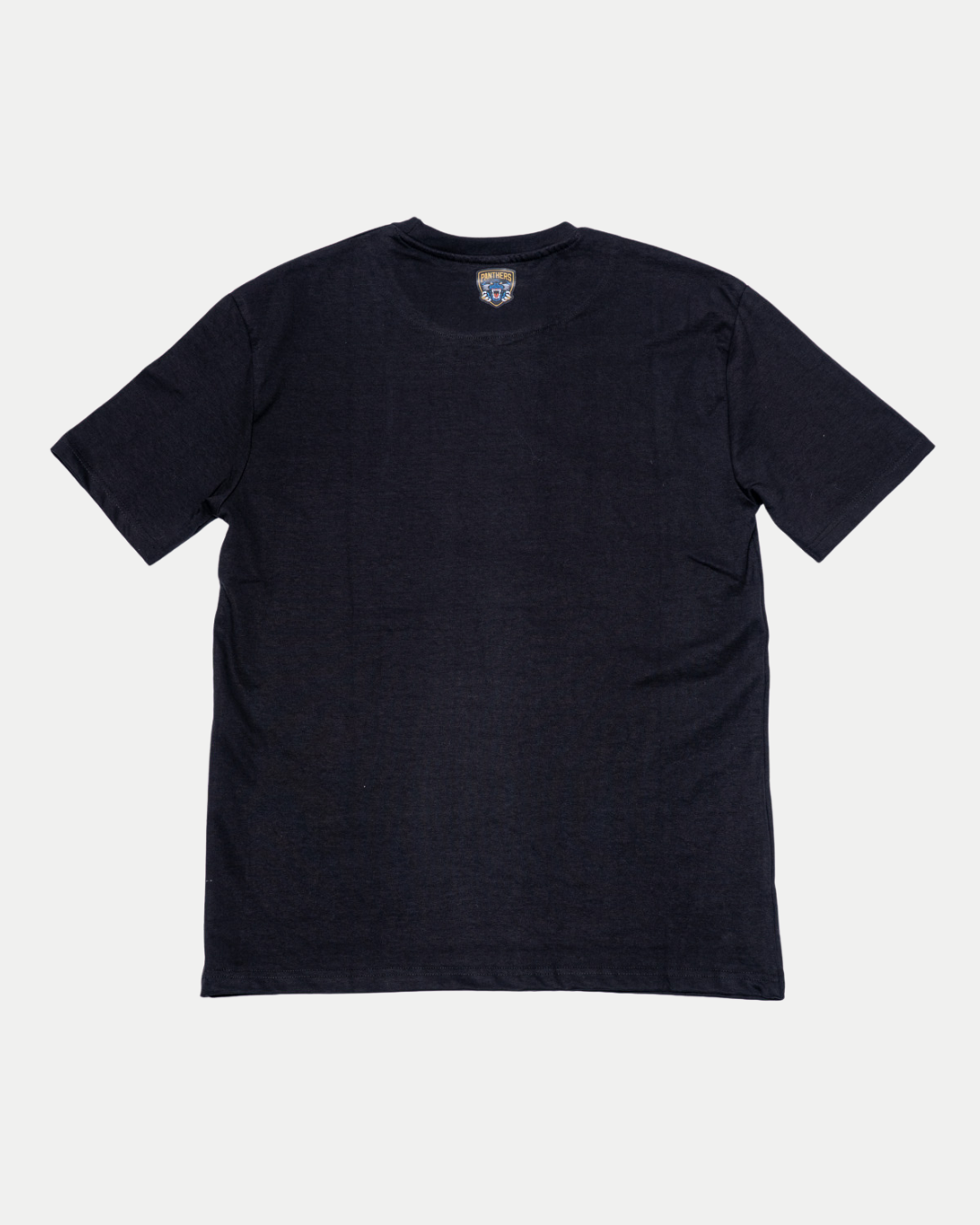 A Nottingham Panthers 25-26 White Crest T-Shirt by Panthersland is laid flat on a white background, showing the back and the neck tag.