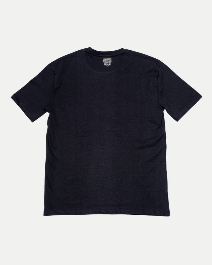 A Nottingham Panthers 25-26 White Crest T-Shirt by Panthersland is laid flat on a white background, showing the back and the neck tag.