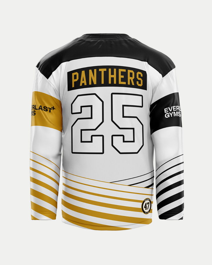 The 2025/26 Classic Custom Replica Away Warm-Up Jersey by Panthersland features "PANTHERS" and the number 25 in bold black on the back, gold, black, and white accents, and “EVERLAST GYMS” printed on the sleeves.