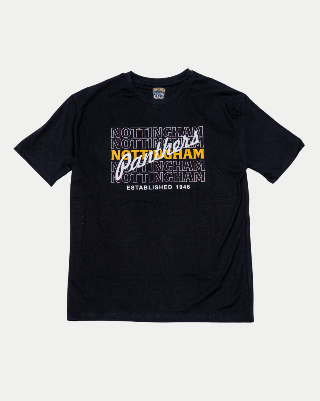 The Panthersland Nottingham Panthers 25-26 White Script T-Shirt is a black tee with "NOTTINGHAM" in white, "Panthers" in yellow script across the center, and "ESTABLISHED 1946" in white at the bottom.
