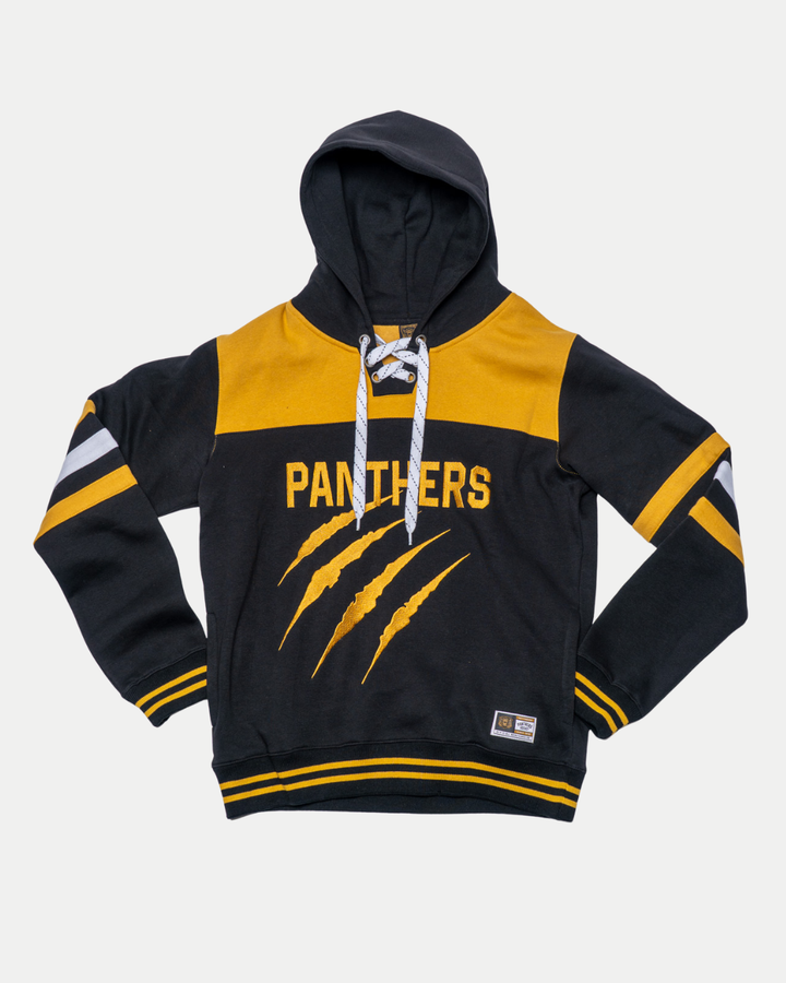 The Panthersland Nottingham Panthers Claw Lace Hoodie 25-26 features black and yellow colors, PANTHERS text, a bold panther claw graphic, lace-up neckline, and striped sleeves and hem—a standout statement for any fan.