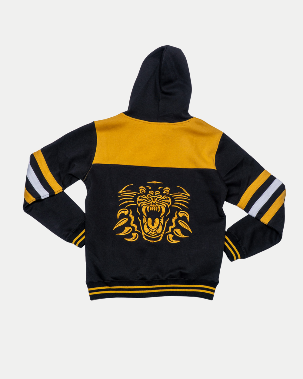 The Panthersland Nottingham Panthers Claw Lace Hoodie 25-26 features black and yellow colors, white and yellow sleeve stripes, and a roaring tiger graphic on the back—an eye-catching fan piece displayed flat on a white background.