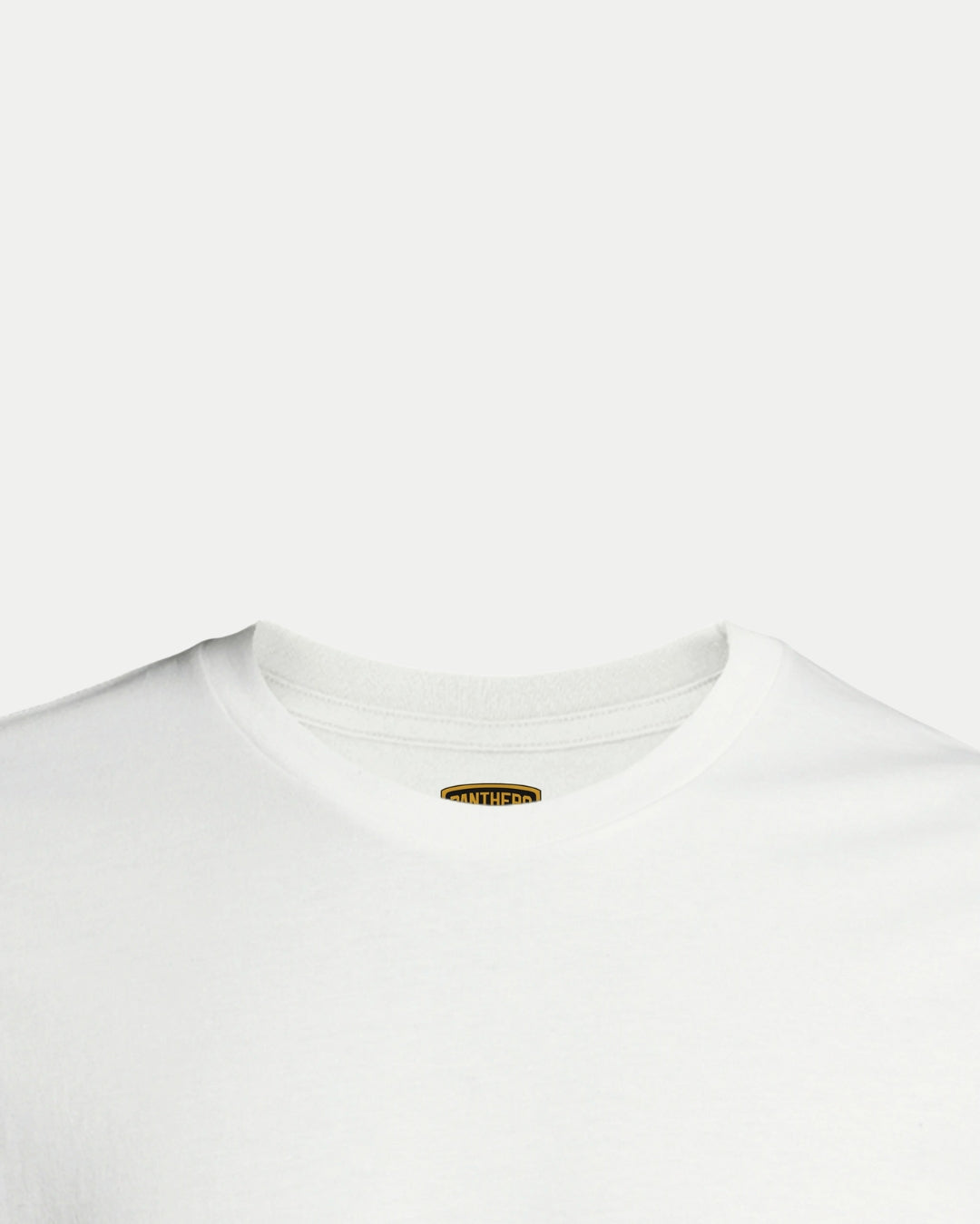Close-up of the Nottingham Panthers Made To Order NP 2025 Playoff Champions T-Shirt White, featuring a small yellow and black tag near the neckline. This eco-conscious tee blends simplicity with mindful design against a white background.
