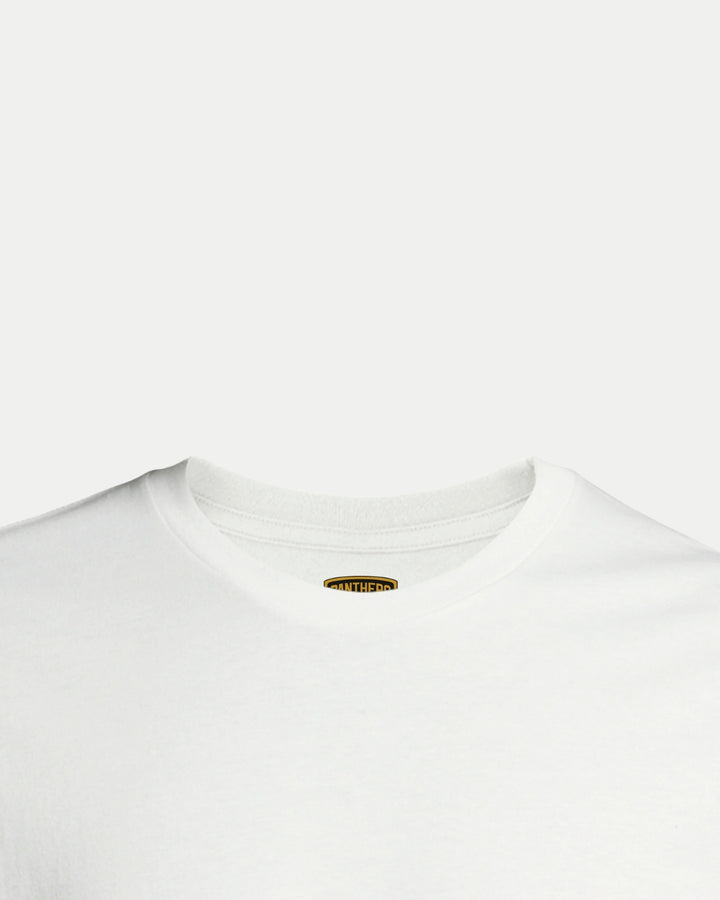 Close-up of the Nottingham Panthers Made To Order NP 2025 Playoff Champions T-Shirt White, featuring a small yellow and black tag near the neckline. This eco-conscious tee blends simplicity with mindful design against a white background.