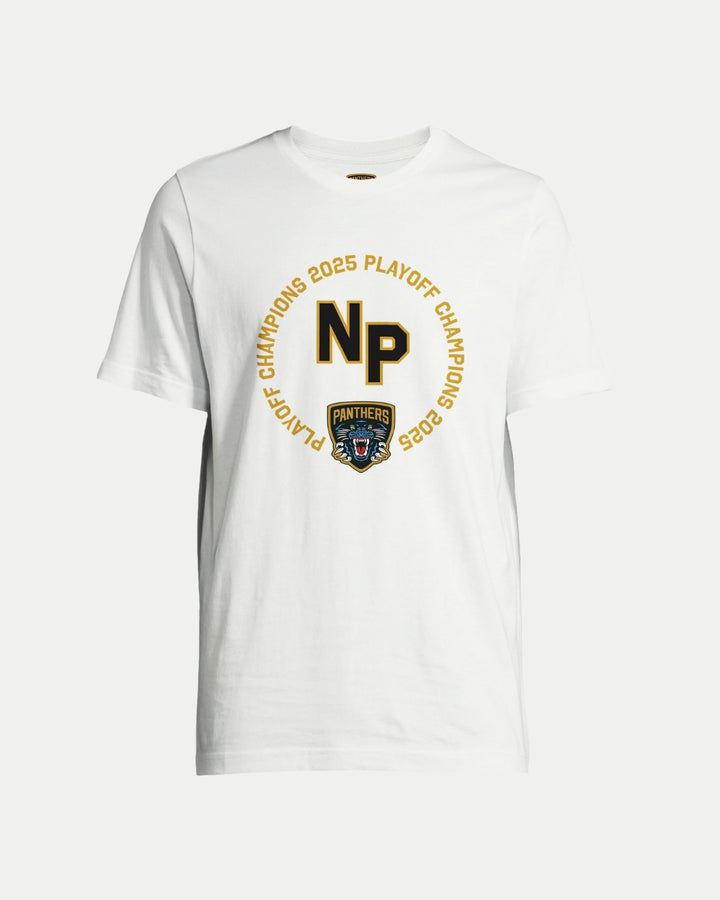 The Nottingham Panthers Made To Order NP 2025 Playoff Champions T-Shirt White is a custom unisex tee with bold NP text, team logo, and “2025 Playoff Champions” in a circular eco-inspired design.