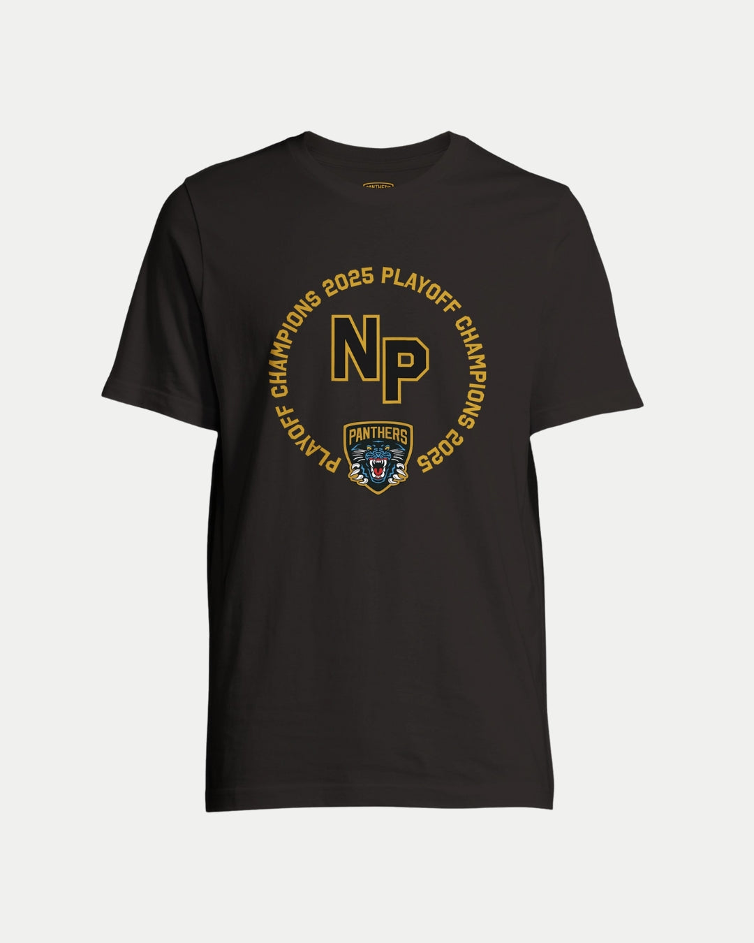 The Nottingham Panthers Made To Order NP 2025 Playoff Champions T-shirt in black features bold yellow NP letters, a circular champions text, and team logo—an eco-friendly, unisex design to showcase your Panthers pride.