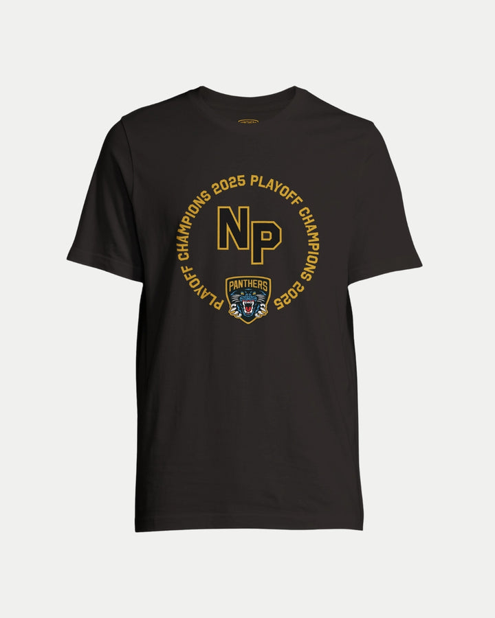The Nottingham Panthers Made To Order NP 2025 Playoff Champions T-shirt in black features bold yellow NP letters, a circular champions text, and team logo—an eco-friendly, unisex design to showcase your Panthers pride.