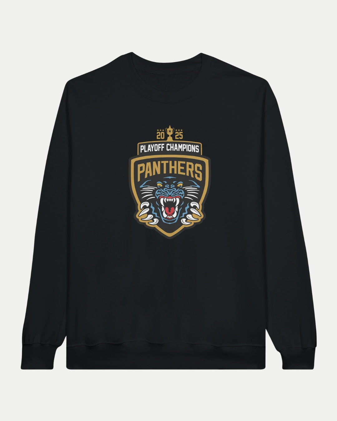 The Nottingham Panthers Made To Order 2025 Playoff Champions Adult Crewneck Sweatshirt in black features a classic fit and bold front logo with a roaring panther and gold shield.