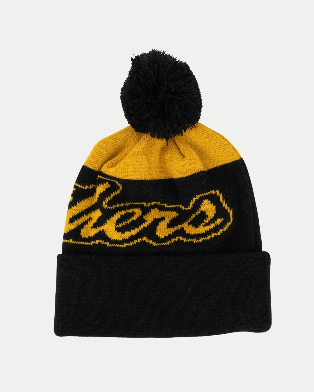 The Nottingham Panthers 25-26 Beanie Black POM by Panthersland features black and yellow knit, a pom-pom top, and partial cursive text on the front—perfect for the season—shown against a plain white background.