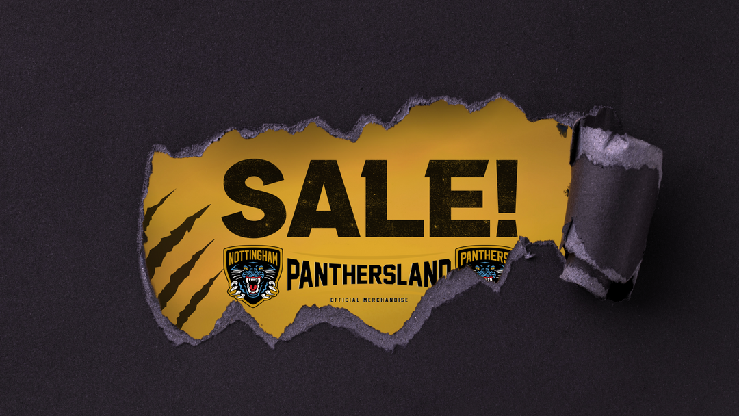 A torn black paper reveals a bright yellow background with the word SALE! in large bold letters, the Nottingham Panthers logo, and Panthersland Official Merchandise text.