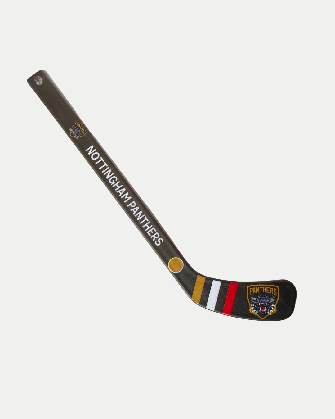 The Nottingham Panthers Mini Hockey Stick by Nottingham Panthers features the team name on the shaft, bold stripes on the blade, and the official Panthers logo near the blade.