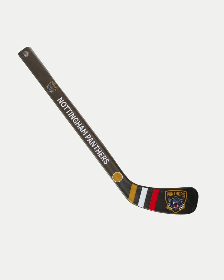 The Nottingham Panthers Mini Hockey Stick by Nottingham Panthers features the team name on the shaft, bold stripes on the blade, and the official Panthers logo near the blade.