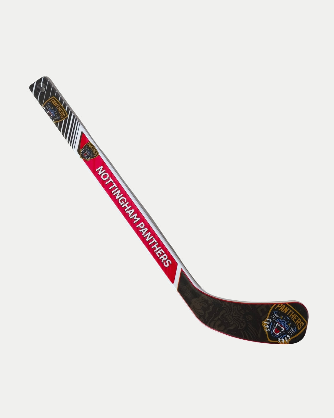Show your Panthers pride with the Nottingham Panthers Mini Hockey Stick, featuring the team logo and vibrant black, red, and gold colors on the shaft—an official product by Nottingham Panthers.