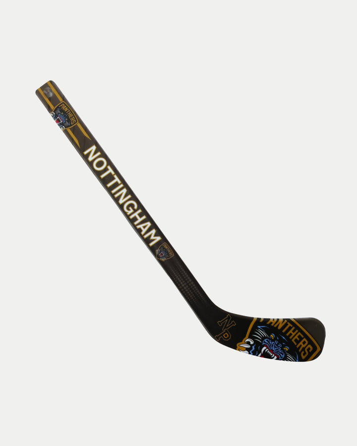 The Nottingham Panthers Mini Hockey Stick by Nottingham Panthers features a black and gold design with NOTTINGHAM and a panther logo, plus PANTHERS boldly displayed on the blade.