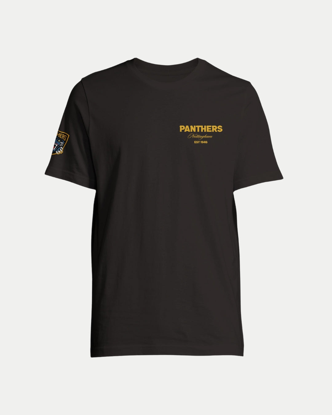 The Nottingham Panthers Made-To-Order Panthers Est 1946 T-shirt in black & gold features small gold “PANTHERS Lithgow Est 2023” text on the left chest and a panther logo patch on the sleeve. Unisex, displayed on a plain white background.