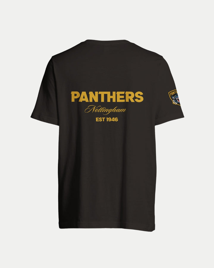The Nottingham Panthers Made-To-Order Panthers Est 1946 T-shirt in black & gold features PANTHERS Nottingham EST 1946 in gold on the back and a round logo patch on the left sleeve. Eco-conscious, stylish, and comfortable for every fan.