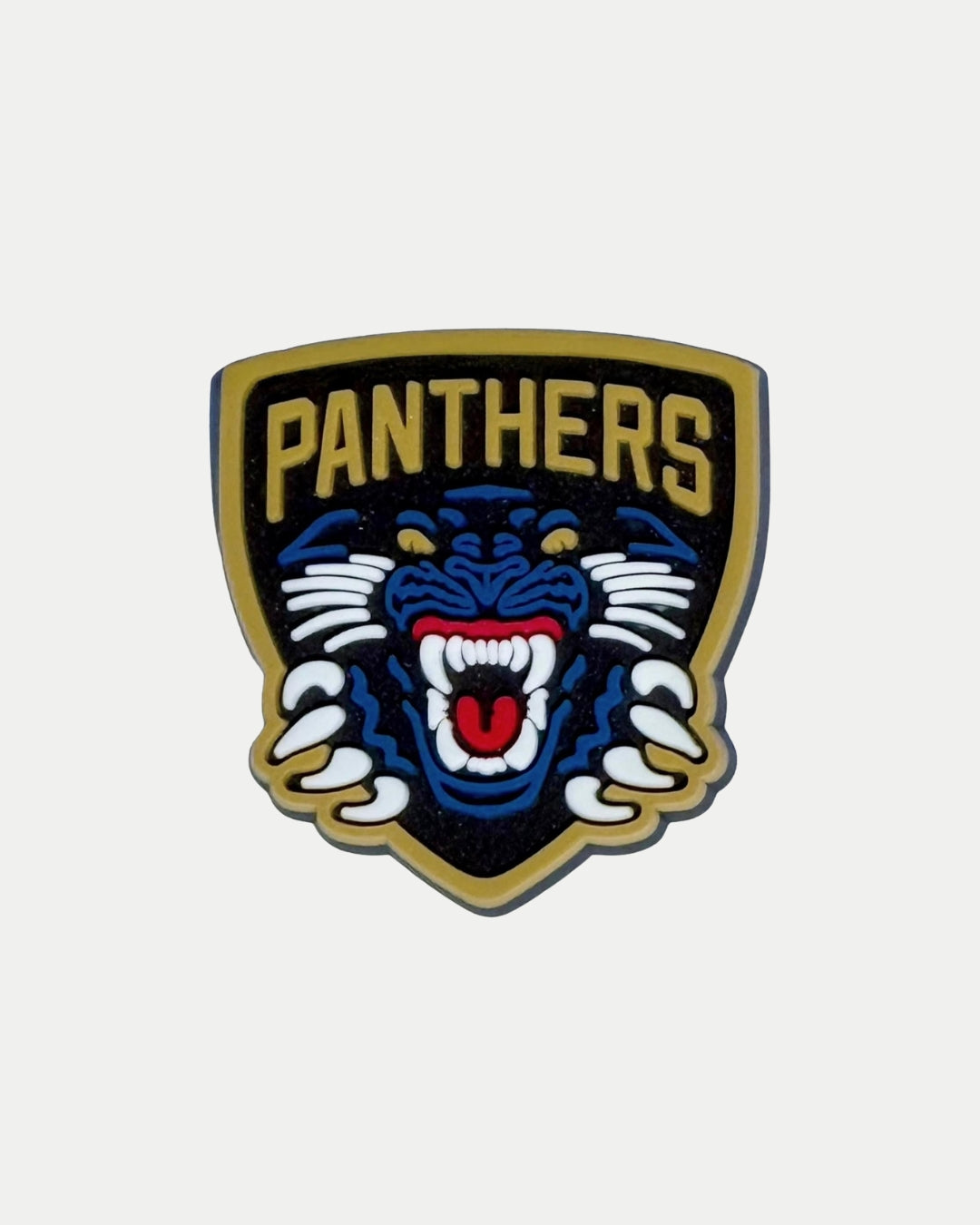 Show your team pride with the Nottingham Panthers Logo Croc Charm by Panthersland, featuring PANTHERS above a roaring blue and black panther with white claws, gold outline, and black background.