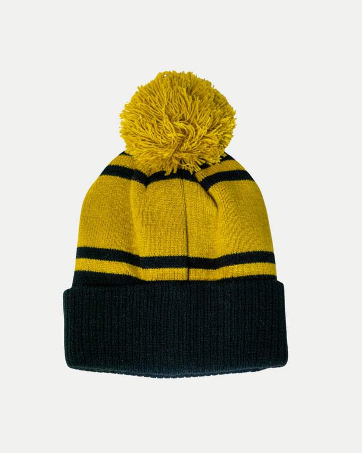 The Panthersland Nottingham Panthers 25-26 Gold Stripe Pom Knit features yellow and black stripes, a black fold-over brim, and a large yellow pom-pom, shown against a plain white background.