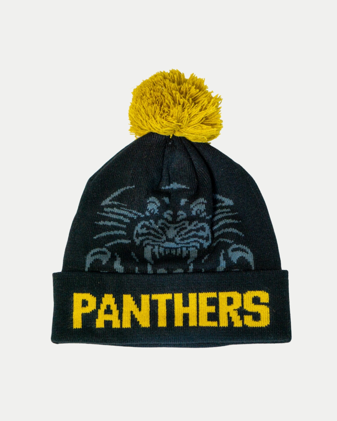 The Panthersland Nottingham Panthers 25-26 Charcoal Crest Pom Knit features a striking panther face graphic and bold yellow PANTHERS lettering on the front fold, topped with a yellow pom-pom.