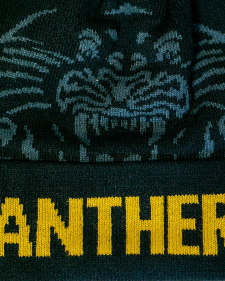 Close-up of the Panthersland Nottingham Panthers 25-26 Charcoal Crest Pom Knit beanie, showcasing a stylized panther face above bold yellow PANTHER text on a charcoal knit fabric.