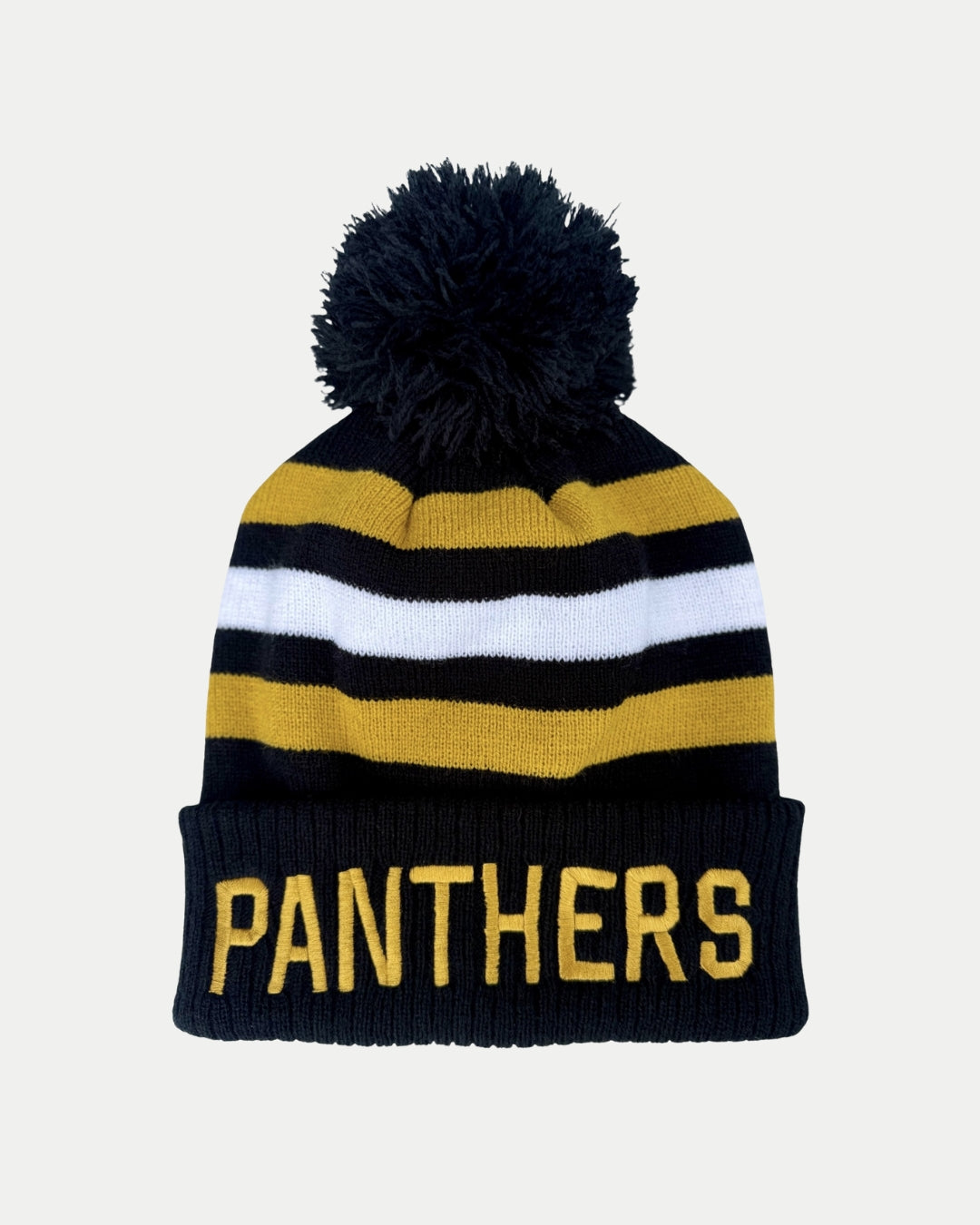 Stay warm with the Panthersland Nottingham Panthers 25-26 White Stripe Pom Knit beanie, featuring black, gold, and white stripes, a bold black pom-pom, and PANTHERS in gold on the brim—ideal for any fan.