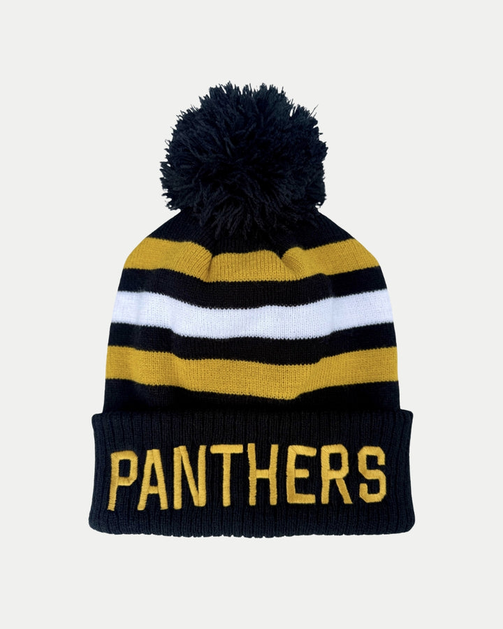 Stay warm with the Panthersland Nottingham Panthers 25-26 White Stripe Pom Knit beanie, featuring black, gold, and white stripes, a bold black pom-pom, and PANTHERS in gold on the brim—ideal for any fan.