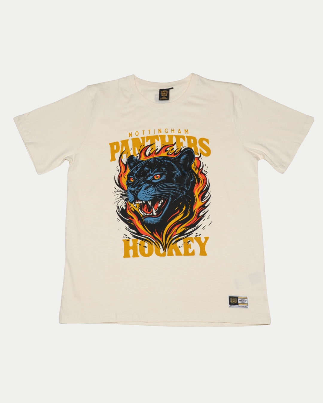 The Panthersland Nottingham Panthers 25-26 Junior Off White Flames T-Shirt features a fierce black panther with flames and bold yellow and orange Nottingham Panthers Hockey text above and below the illustration.
