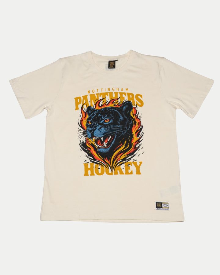 The Panthersland Nottingham Panthers 25-26 Junior Off White Flames T-Shirt features a fierce black panther with flames and bold yellow and orange Nottingham Panthers Hockey text above and below the illustration.