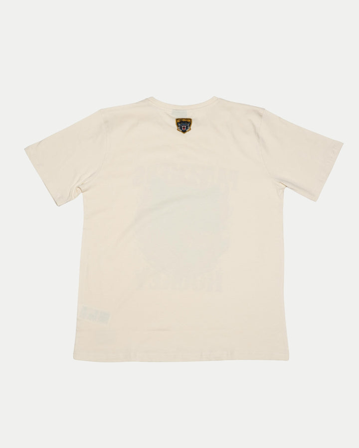 The Nottingham Panthers 25-26 Junior Off White Flames T-Shirt by Panthersland is a kids’ short-sleeve hockey shirt shown from the back, with a small black and yellow tag near the collar, on a white background.