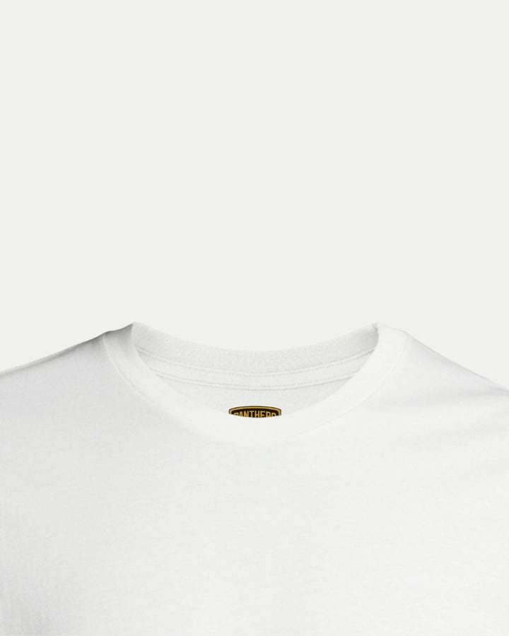 Close-up of the upper part of the Nottingham Panthers Made To Order Champions Elite League Playoffs 2025 T-shirt in white, featuring a small, partially visible yellow tag inside the collar against a plain white background.