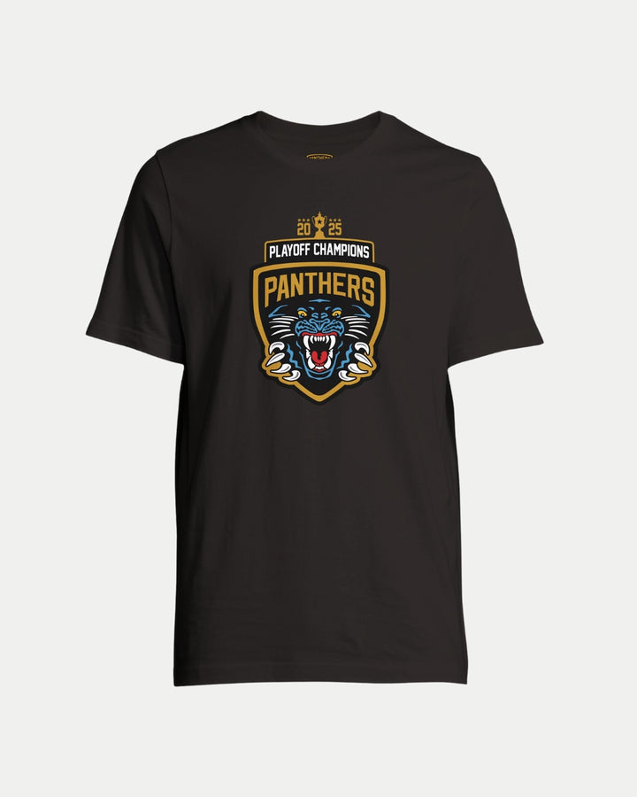 Show your team spirit with the Nottingham Panthers Made To Order 2025 Playoff Champions T-shirt in black—eco-friendly, unisex, and featuring a bold panther logo inside a gold-edged shield for stylish fans.