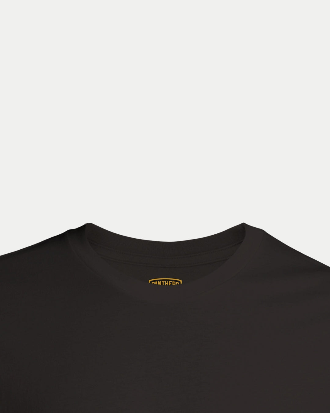 Close-up of the Nottingham Panthers Made To Order Panthers 2025 Playoff Champions T-shirt in black, unisex fit, on a white background. The collar and shoulders are visible with a yellow tag; this made-to-order shirt is an eco-conscious choice.