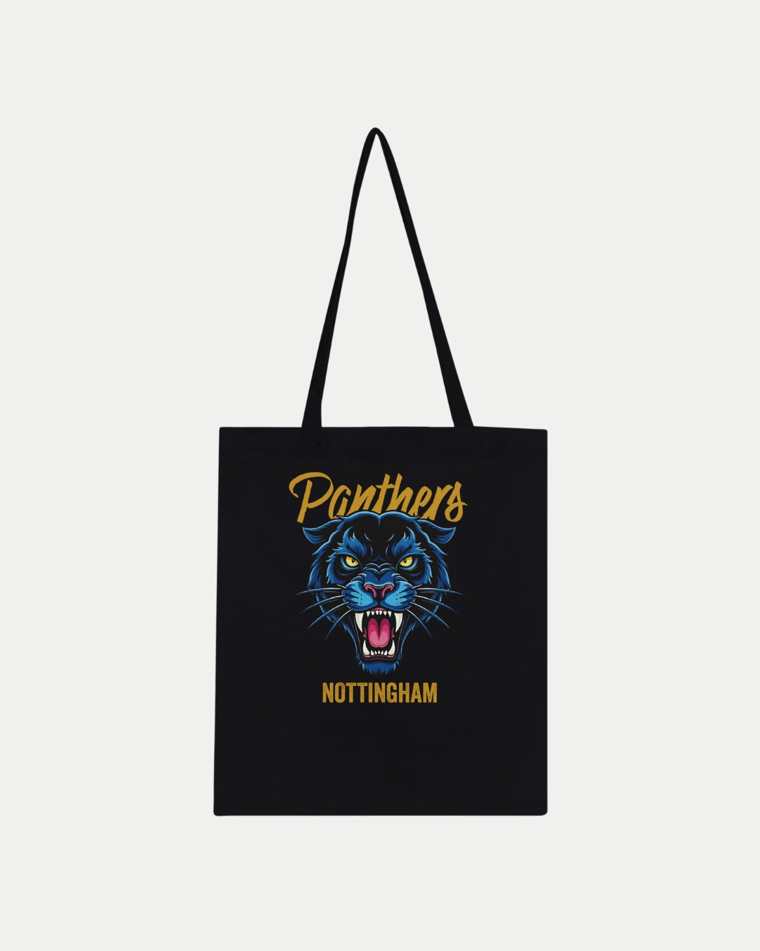 The Nottingham Panthers Made To Order Graphic Tote Bag Black is a 100% cotton, eco-friendly tote with a bold blue panther head, Panthers in yellow script above, and Nottingham in white caps below.