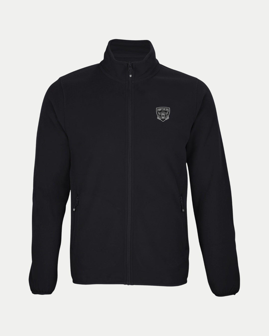 The Nottingham Panthers Made To Order Black Micro-Fleece Zip Jacket is a unisex design with long sleeves, two front pockets, a small shield logo on the left chest, soft polar fleece, a high collar, and a simple look.