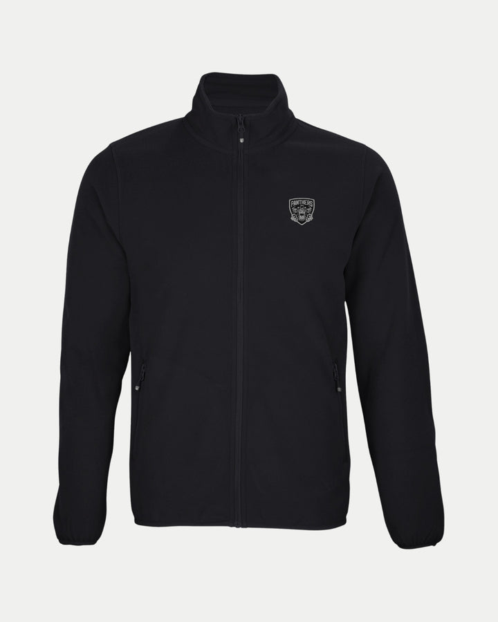 The Nottingham Panthers Made To Order Black Micro-Fleece Zip Jacket is a unisex design with long sleeves, two front pockets, a small shield logo on the left chest, soft polar fleece, a high collar, and a simple look.
