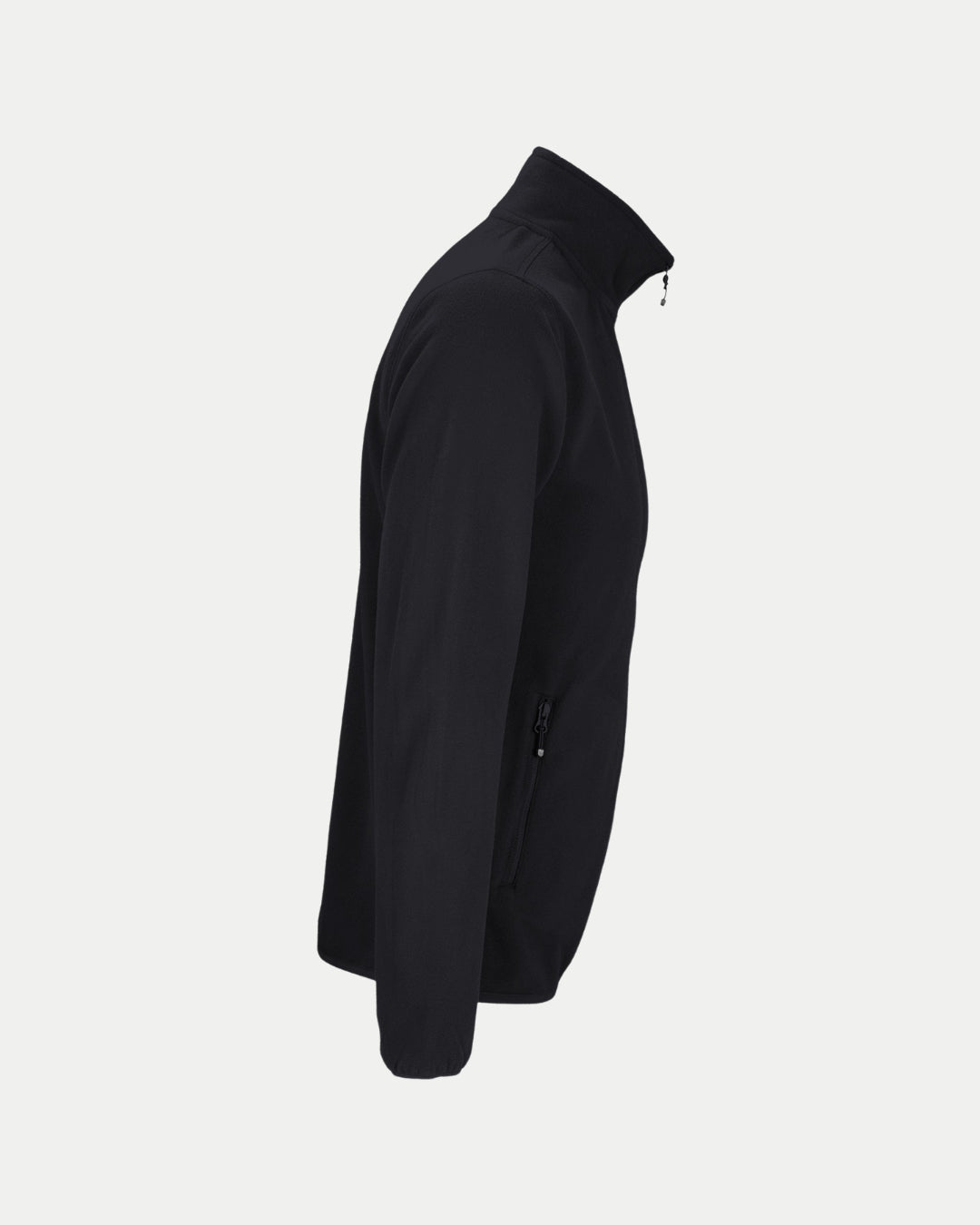 The Nottingham Panthers Made To Order Micro-Fleece Zip Jacket in black is shown from the side on a white background. This unisex jacket features a stand-up collar, zippered side pockets, and soft recycled polyester polar fleece.