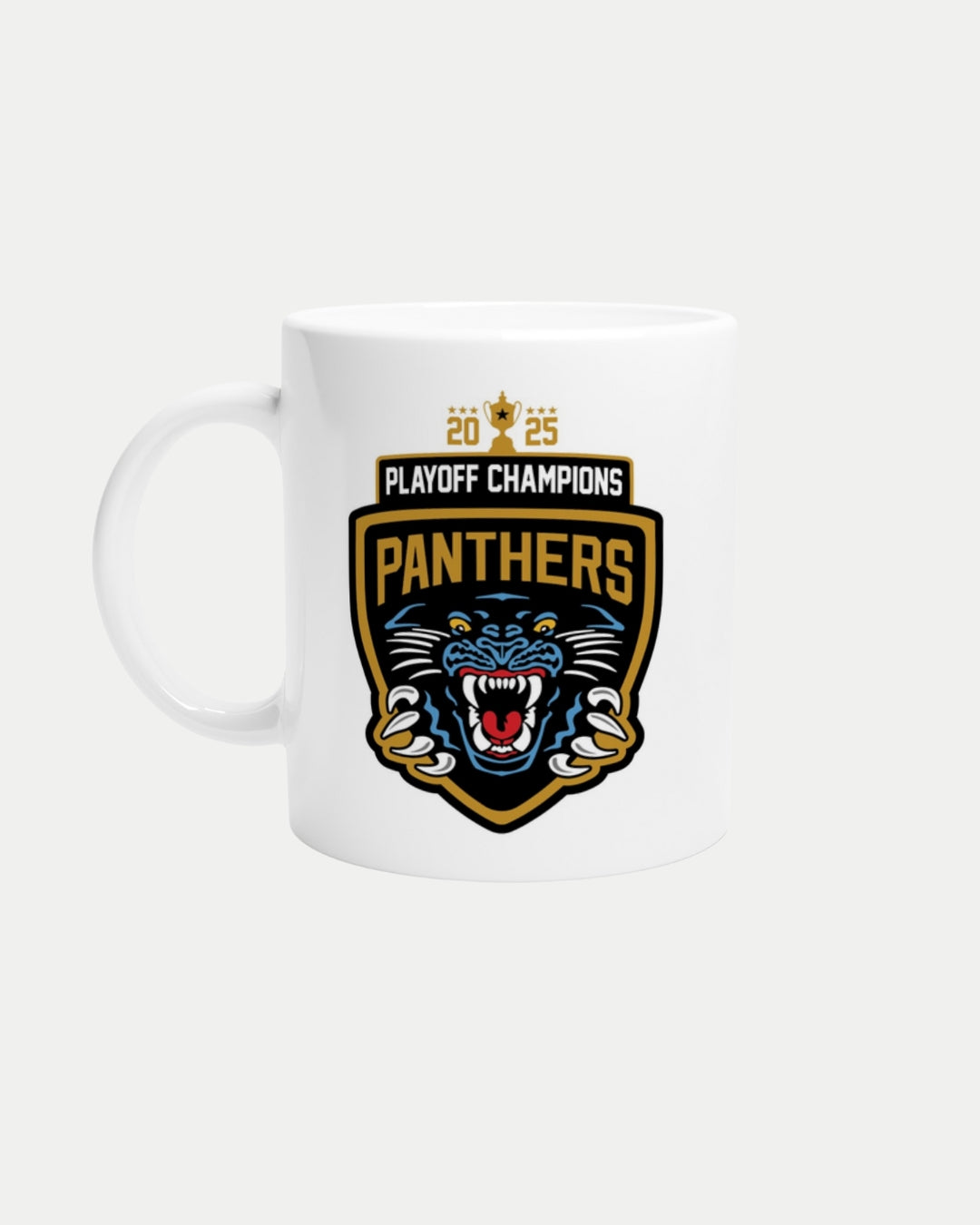 Enjoy your favorite drink with the Made To Order Panthers 2025 Playoff Champions White 11oz Ceramic Mug by Nottingham Panthers, featuring a roaring panther head and two golden trophies. Dishwasher and microwave safe for daily use.