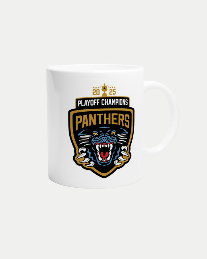 The Made To Order Panthers 2025 Playoff Champions White 11oz Ceramic Mug by Nottingham Panthers features a roaring panther logo, PANTHERS, and 2025 Playoff Champions. Microwave and dishwasher safe for daily use.