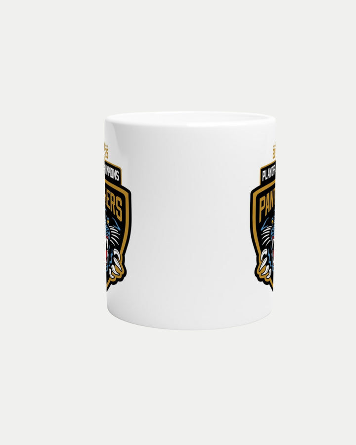 The Made To Order Panthers 2025 Playoff Champions White 11oz Ceramic Mug by Nottingham Panthers features partial views of two identical panther head logos on a black and gold shield. The design is cut off on both sides. Dishwasher safe.